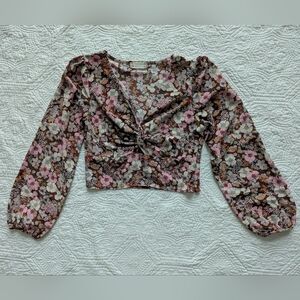 Altar'd State Floral Puff Sleeve Blouse in Pink and Brown